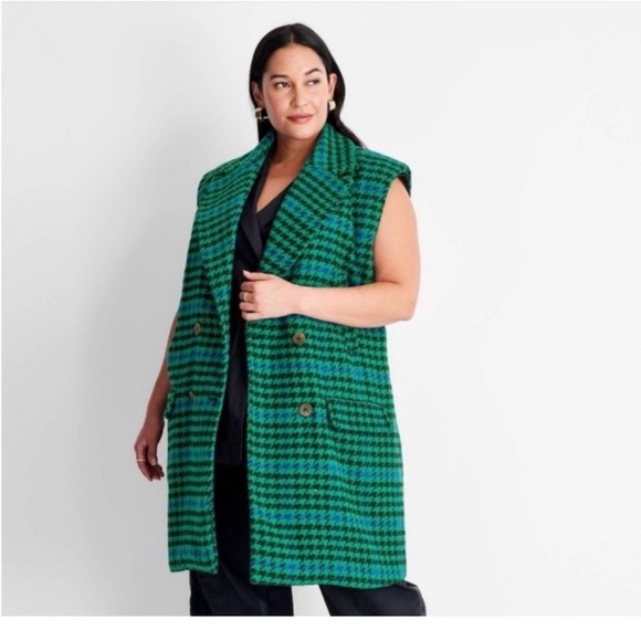 Future collective x Kahlana Barfield Green Houndstooth Sleeveless Coat 1X plus - Picture 1 of 10